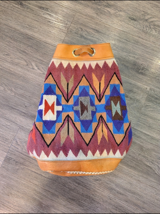 Handmade Handbags - Wool Drawstring Backpack From Ecuador in Rust, Blue & Tan
